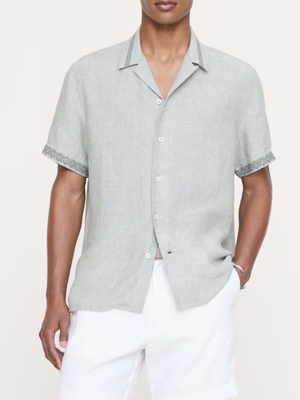 NWT Banana Republic Men's Light Green Embroidered 100% Linen Resort Shirt S